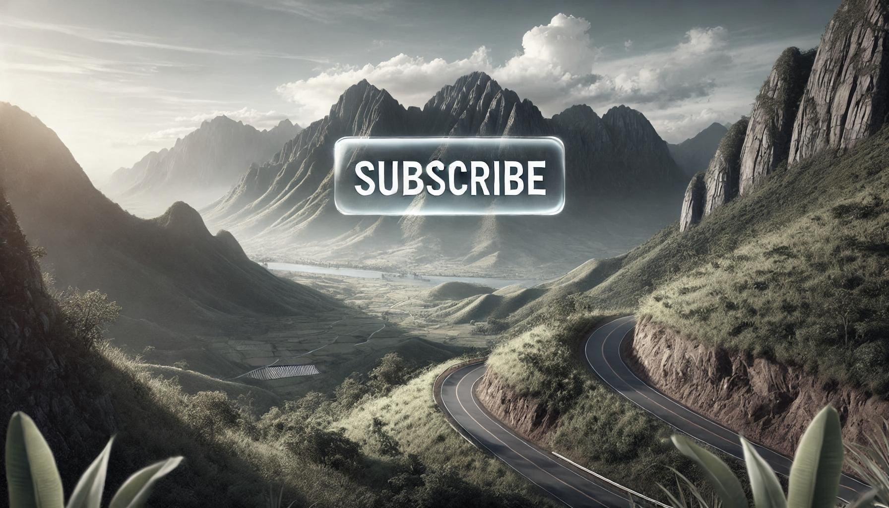 An image with a "Subscribe" banner over a background of mountains with a road