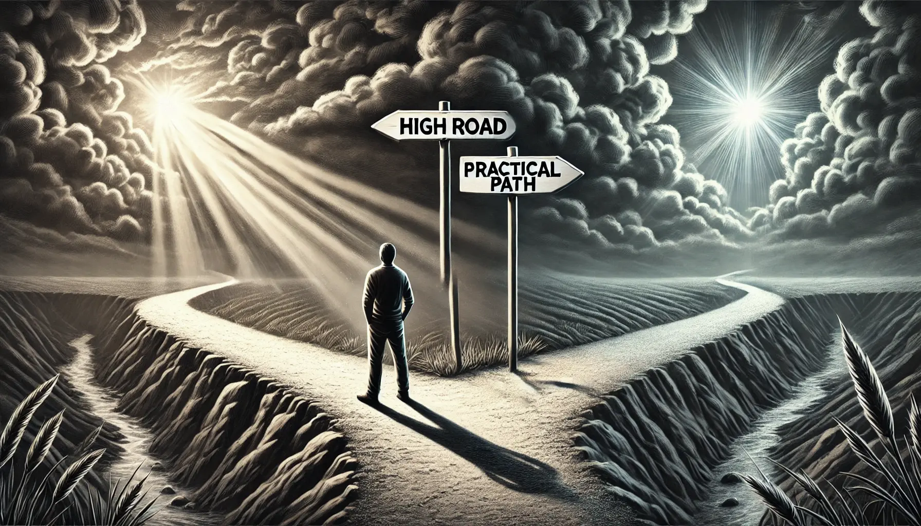 AI Image showing a forked path -- one to the high road, one to practical path